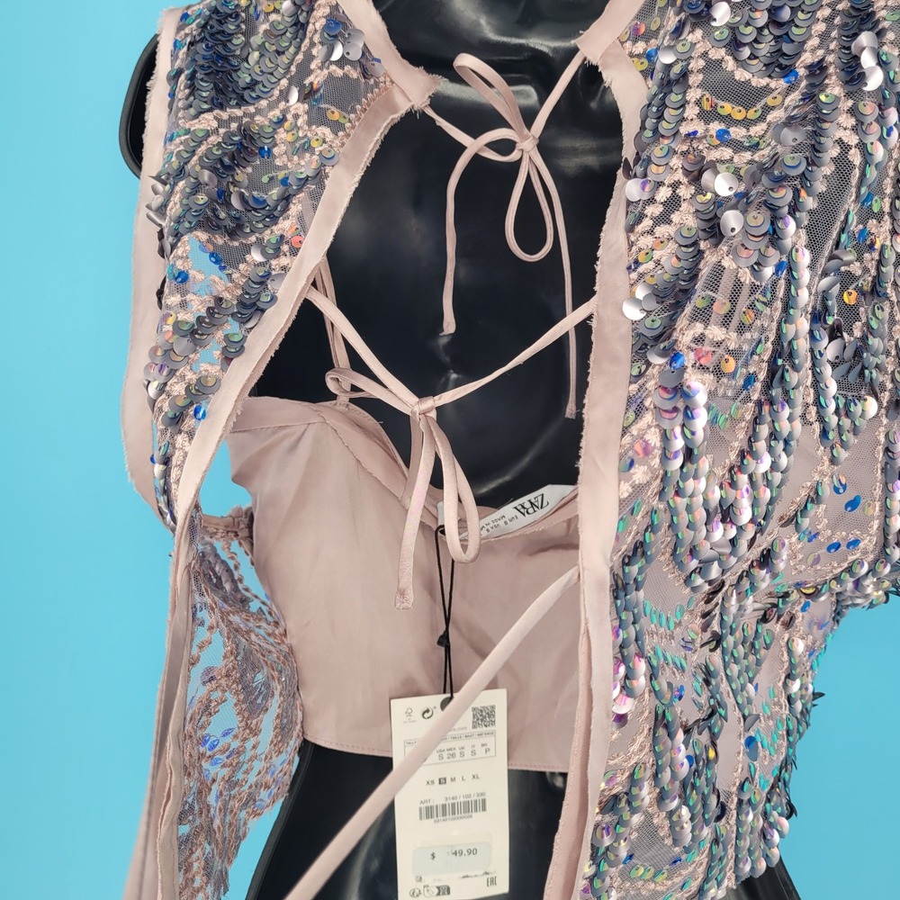 NWT ZARA Embellished Sequin Blouse Top Tank Cropped Sheer Beaded Pastel Sparkly - Picture 8 of 12